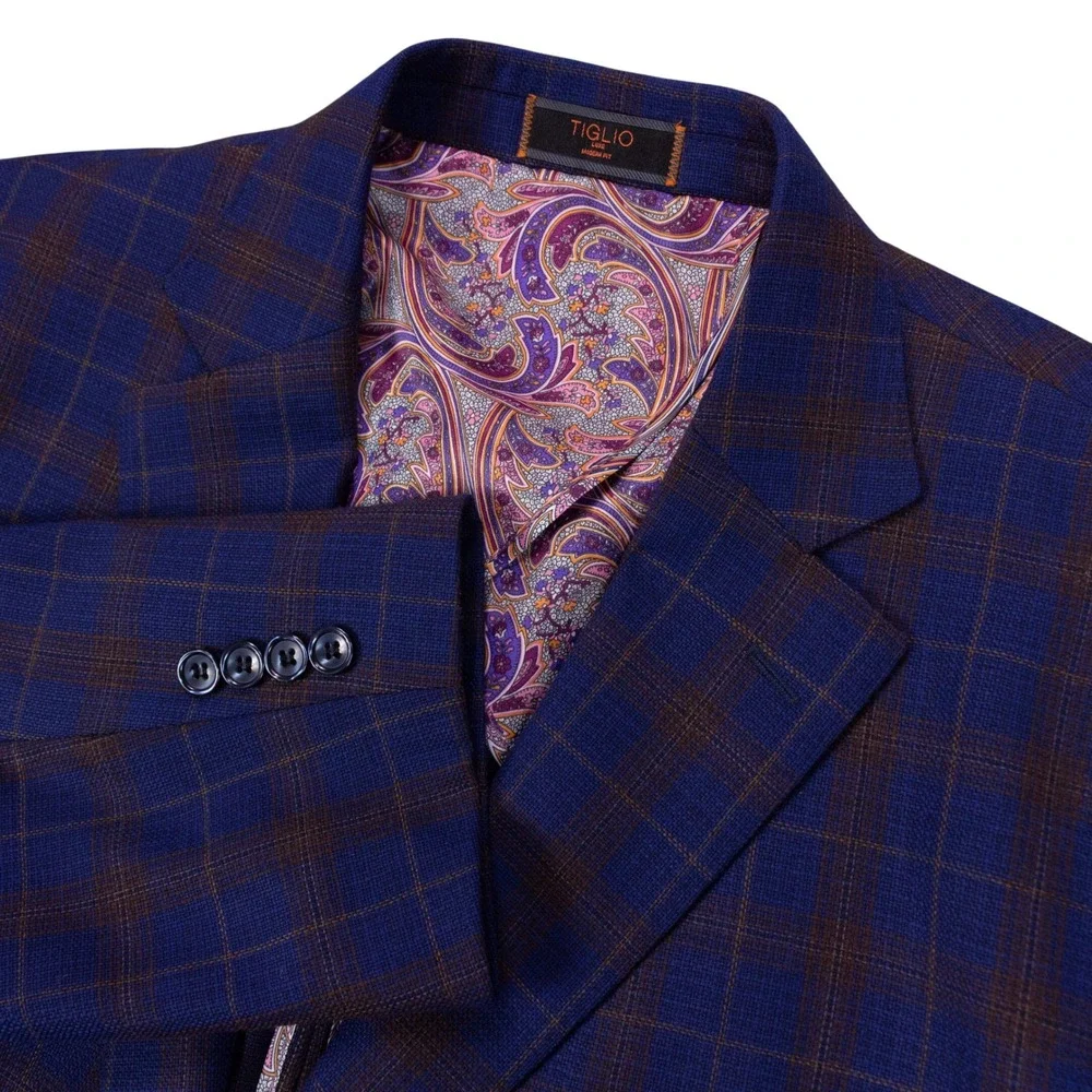 Tiglio Luxe Modern Fit Blazer Mens 52R Blue Plaid Wool Paisley Lining Biella